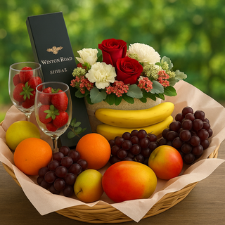 Flowers, fruit and wine hamper